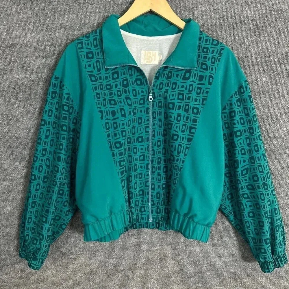 Vintage 90s LBH Windbreaker Womens Medium Teal Green Geometric Sporty Jacket - Picture 3 of 16